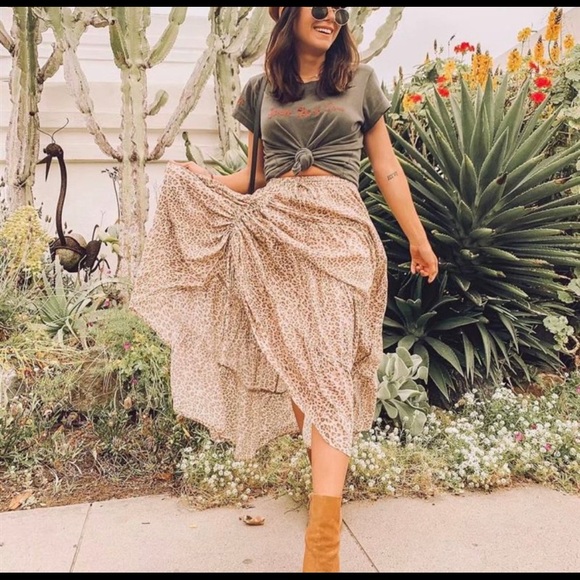 047 Boho Leopard Drawstring Ruffle Maxi Skirt Brown - Picture 7 of 9